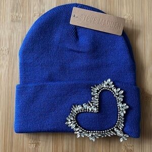 Brand New Steve Madden Blue Knit Beanie Hat w/ Rhinestone Beaded Heart